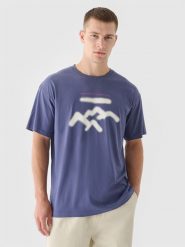 4F T-shirt oversize z nadrukiem męski - granatowy L. Niebieskie t-shirty męskie 4F, l, bez wzorów, z bawełny, bez kołnierzyka, bez ramiączek. W wyprzedaży za 29.99 zł.