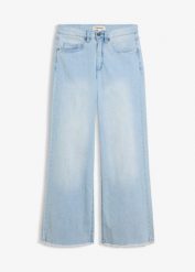Jeansy ze stretchem wide leg, high waist. Niebieskie jeansy damskie bonprix, bez wzorów, z jeansu, z podwyższonym stanem. Za 107.99 zł.