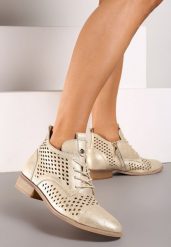 Złote Płaskie Botki z Ażurowym Zdobieniem Skórzaną Wkładką i Sznurowaniem Jagelia. Żółte botki damskie Renee, z aplikacjami, z bawełny, biznesowe, bez obcasa, na obcasie, bez zapięcia. Za 169.99 zł.