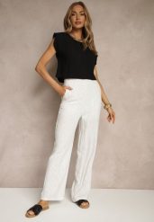 Białe Szerokie Spodnie High Waist z Lnu i Bawełny Ivelpio. Białe spodnie materiałowe damskie Renee, bez wzorów, z bawełny, eleganckie, z podwyższonym stanem. Za 64.99 zł.
