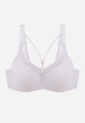 Biały Biustonosz z Siateczkową Wstawką i Ozdobnymi Paskami przy Dekolcie Sabesa. Białe biustonosze Renee, bez wzorów, z jeansu. Za 49.99 zł.