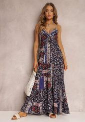 Granatowa Sukienka z Wiskozy Fihi. Niebieskie sukienki damskie Renee, l, bez wzorów, z wiskozy, boho, bez kołnierzyka, bez ramiączek, maxi, kopertowe. Za 74.99 zł.