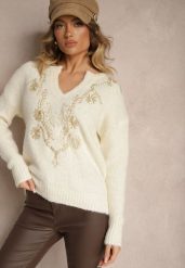 Jasnobeżowy Sweter z Wełną i Metalicznym Wzorem w Kwiaty Senithea. Brązowe swetry nierozpinane damskie Renee, na jesień, m, bez wzorów, z jeansu, casualowe, bez kołnierzyka, bez ramiączek. Za 139.99 zł.