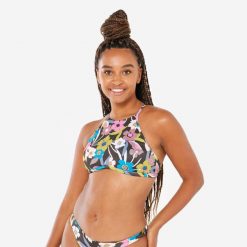 Góra kostiumu kąpielowego surfingowego damska Olaian Andrea. Czerwone bikini OLAIAN, bez wzorów, z elastanu. W wyprzedaży za 49.99 zł.