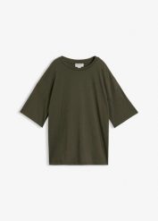 Luźny T-shirt z mieszanki bawełny. Zielone t-shirty damskie bonprix, bez wzorów, z bawełny, bez kołnierzyka, bez ramiączek. Za 39.99 zł.