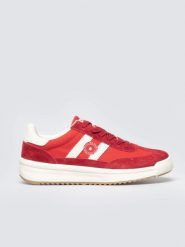 Sneakersy damskie ze skórzanymi wstawkami czerwone TT274158 603. Czerwone obuwie sportowe damskie BIG STAR, z aplikacjami, z gumy, z okrągłym noskiem, bez zapięcia. Za 139.99 zł.