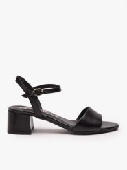 Czarne sandały na obcasie. Czarne sandały damskie Ryłko, bez wzorów, ze skóry, z okrągłym noskiem, bez obcasa, na obcasie, bez zapięcia. Za 379.99 zł.