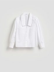 Bawełniana koszula z kołnierzykiem - biały. Białe koszule damskie Reserved, l, bez wzorów, z bawełny, bez kołnierzyka, bez ramiączek. Za 119.99 zł.