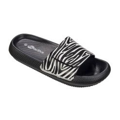 Klapki damskie Beco Zebra Vibes - czarno-białe. Czarne klapki damskie 47 Brand, bez wzorów, z syntetyku, bez obcasa, na płaskiej podeszwie, bez zapięcia. Za 254.99 zł.