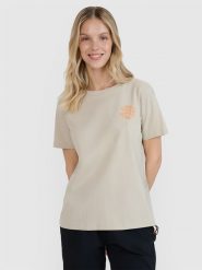 4F T-shirt oversize z nadrukiem damski - beżowy XS. Brązowe t-shirty damskie 4F, s, bez wzorów, z bawełny, klasyczne, bez kołnierzyka, bez ramiączek. W wyprzedaży za 49.99 zł.