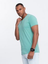 Męska klasyczna bawełniana koszulka z dekoltem w serek BASIC – turkusowa V15. Niebieskie t-shirty męskie Ombre Clothing, m, bez wzorów, z bawełny, bez kołnierzyka, bez ramiączek. W wyprzedaży za 24.99 zł.