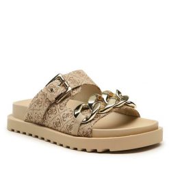 Klapki Guess. Brązowe klapki damskie Guess, z aplikacjami, bez obcasa, bez zapięcia. Za 459.99 zł.