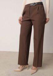 Brązowe Garniturowe Spodnie VICES na Kant z Wszytym Paskiem z Klamrą Azivore. Brązowe spodnie materiałowe damskie Born2be, bez wzorów, z jeansu, eleganckie. Za 119.99 zł.