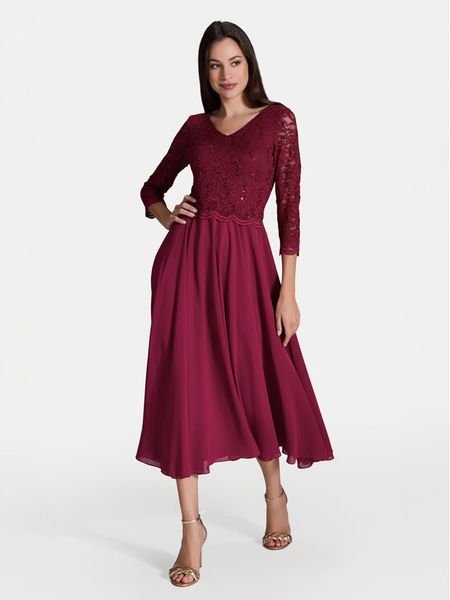 Swing Sukienka koktajlowa 5AI08900 Bordowy Regular Fit. Czerwone sukienki damskie Swing, bez wzorów, z syntetyku, wizytowe, bez kołnierzyka, bez ramiączek. Za 479.99 zł.