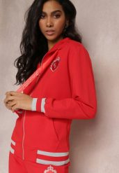 Czerwona Bluza z Ozdobnymi Ściągaczami i Kapturem z Szerokimi Sznurkami Adair. Czerwone bluzy damskie Renee, xs, z aplikacjami, bez ramiączek. Za 59.99 zł.