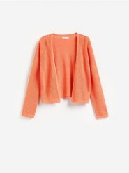 Ażurowy kardigan z bawełną - pomarańczowy. Brązowe kardigany damskie Reserved, l, w ażurowe wzory, z bawełny, bez kołnierzyka. Za 119.99 zł.
