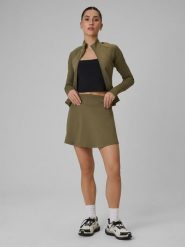 4F Spódnica treningowa szybkoschnąca damska - oliwkowa S. Brązowe spódnice damskie 4F, s, bez wzorów, z podwyższonym stanem, mini, dopasowane. Za 119.99 zł.