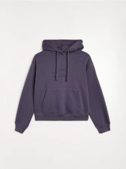 Dresowa bluza hoodie z kieszenią i haftowanym napisem - niebieski. Niebieskie bluzy damskie Sinsay, l, bez wzorów, z dresówki, sportowe, bez ramiączek, bez kaptura. Za 39.99 zł.