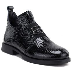 Skórzane botki damskie lakierowane kroko czarne T.Sokolski Z25-301. Czarne botki damskie T.Sokolski, bez wzorów, z lakierowanej skóry, eleganckie, bez obcasa, bez zapięcia. Za 269.99 zł.