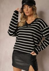 Czarno-Beżowy Sweter z Dodatkiem Wiskozy Ozdobiony Paskami i Ściągaczami Tariline. Czarne swetry nierozpinane damskie Renee, s, bez wzorów, z jeansu, casualowe, bez kołnierzyka, bez ramiączek. Za 74.99 zł.