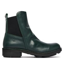 Botki Fly London. Zielone botki damskie Fly London, bez wzorów, bez obcasa, na słupku, bez zapięcia. Za 749.99 zł.