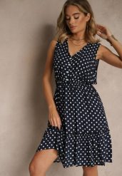 Granatowa Rozkloszowana Sukienka z Bawełną i Wiskozą ze Wzorem Kropek Lilamora. Niebieskie sukienki damskie Renee, na co dzień, na lato, l, bez wzorów, z bawełny, eleganckie, bez kołnierzyka, bez ramiączek, mini, kopertowe. Za 44.99 zł.