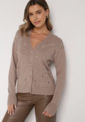 Beżowy Rozpinany Kardigan w Kropki Tusvanea. Brązowe kardigany damskie Born2be, l, bez wzorów, z jeansu, klasyczne, bez kołnierzyka. Za 79.99 zł.