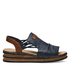 Sandały Rieker. Niebieskie sandały damskie Rieker, bez wzorów, bez obcasa, na płaskiej podeszwie, bez zapięcia. Za 239.99 zł.
