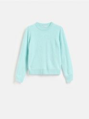 Wełniany sweter - jasnoturkusowy. Niebieskie swetry nierozpinane damskie Reserved, l, bez wzorów, z wełny, bez kołnierzyka, bez ramiączek. Za 259.99 zł.