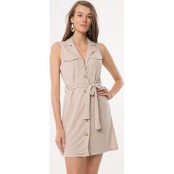 Beżowa Sukienka Arkose. Brązowe sukienki damskie Born2be, na lato, m, bez wzorów, z dzianiny, bez kołnierzyka, bez ramiączek, koszulowe. Za 64.99 zł.