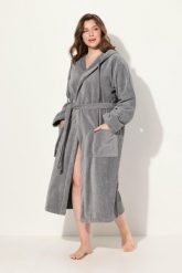 Damskie Szlafrok kaptur pasek trapezowy fason frotte. Szare szlafroki damskie Ulla Popken, plus size, bez wzorów, z bawełny, plus size, bez ramiączek, bez kaptura. Za 349.99 zł.