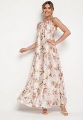 Beżowa Satynowa Sukienka w Kwiaty Fenaresia. Brązowe sukienki damskie Born2be, na co dzień, na lato, bez wzorów, z satyny, eleganckie, bez kołnierzyka, bez ramiączek, maxi, proste. Za 159.99 zł.
