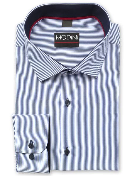 Biało-niebieska koszula męska w prążki Y57. Białe koszule męskie Modini Moda Męska, m, bez wzorów, z bawełny, casualowe, bez kołnierzyka, bez ramiączek. W wyprzedaży za 169.20 zł.