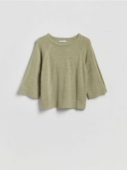 Gładki sweter - jasnozielony. Zielone swetry nierozpinane damskie Reserved, l, bez wzorów, z dzianiny, bez kołnierzyka, bez ramiączek. Za 89.99 zł.