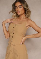 Ciemnobeżowy Top Zapinany na Guziki z Bawełną na Cienkich Ramiączkach Divilna. Brązowe topy damskie Renee, l, bez wzorów, z bawełny, eleganckie, bez kołnierzyka, bez ramiączek. Za 69.99 zł.