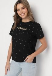 Czarny T-shirt z Bawełny z Cyrkoniami i Napisem Nalanielle. Czarne t-shirty damskie Born2be, m, bez wzorów, z bawełny, eleganckie, bez kołnierzyka, bez ramiączek. Za 34.99 zł.