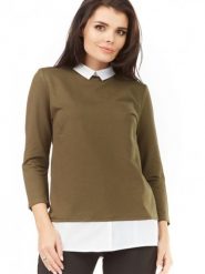Bluzka Model A208 Khaki - awama. Brązowe bluzki damskie Awama, xxl, bez wzorów, z bawełny, eleganckie, bez kołnierzyka, bez ramiączek. Za 167.03 zł.