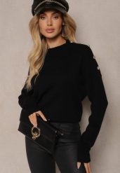 Czarny Sweter z Półgolfem Wiskozą i Modalem Ozdobiona Guzikami Emmitana. Czarne swetry nierozpinane damskie Renee, l, bez wzorów, z jeansu, casualowe, bez kołnierzyka, bez ramiączek. Za 69.99 zł.