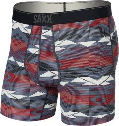 SAXX Bokserki męskie trekkingowe / sportowe z rozporkiem SAXX QUEST Boxer Brief Fly geometryczny wzór - bordowe S. Czerwone bokserki męskie Saxx, bez wzorów. Za 103.99 zł.