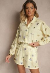 Żółty Komplet z Wiskozą Koszula i Szorty w Morski Print Reisoria. Żółte koszule damskie Renee, m, bez wzorów, z materiału, eleganckie, bez kołnierzyka, bez ramiączek. Za 129.99 zł.