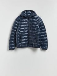 Pikowana kurtka z kapturem - granatowy. Niebieskie kurtki męskie Reserved, l, bez wzorów, z tkaniny, z kapturem. Za 229.99 zł.