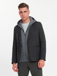 Męska marynarka casual z ozdobnym pinem na klapie - grafitowy melanż V2 - Rozmiar: S. Szare garnitury męskie Ombre Clothing, m, bez wzorów, z poliesteru, casualowe, bez kołnierzyka, bez ramiączek. W wyprzedaży za 139.99 zł.