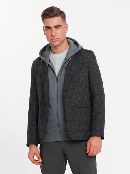 Męska marynarka casual z ozdobnym pinem na klapie - grafitowy melanż V2 - Rozmiar: S. Szare garnitury męskie Ombre Clothing, m, bez wzorów, z poliesteru, casualowe. W wyprzedaży za 139.99 zł.