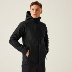 Męska kurtka z kapturem z podszewką softshell z odstraszaczem. Czarne kurtki męskie Regatta, m, bez wzorów, z softshellu, sportowe, z kapturem. Za 349.99 zł.