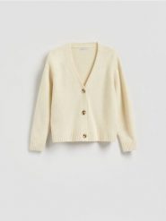 Wełniany kardigan - jasnożółty. Żółte kardigany damskie Reserved, l, bez wzorów, z wełny, bez kołnierzyka. Za 199.99 zł.