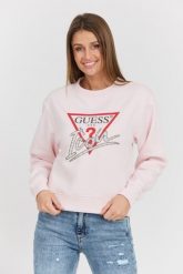 GUESS Różowa damska bluza Icon z dużym logo. Czerwone bluzy damskie Guess, s, z aplikacjami, z bawełny, eleganckie, bez ramiączek, bez kaptura. W wyprzedaży za 322.99 zł.