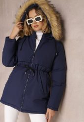 Granatowa Kurtka Parka z Kapturem z Futerkiem Bimi. Niebieskie kurtki damskie Renee, na jesień, l, z aplikacjami, z kapturem. Za 169.99 zł.