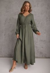 Zielona Sukienka z Lnem i Wiskozą o Rozkloszowanym Kroju z Ozdobnymi Guzikami Maitena. Zielone sukienki damskie Renee, na co dzień, l, bez wzorów, z wiskozy, eleganckie, bez kołnierzyka, bez ramiączek, maxi, rozkloszowane. Za 209.99 zł.