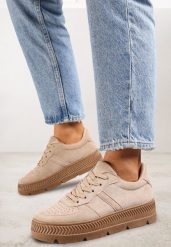 Beżowe Sneakersy na Grubej Podeszwie z Tłoczeniami Try to Forget. Brązowe obuwie sportowe damskie Born2be, bez wzorów, z jeansu, bez zapięcia. Za 89.99 zł.