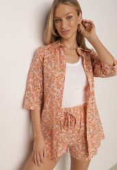 Pomarańczowy Bawełniany Komplet w Kwiaty Koszula i Szorty Aelryn. Brązowe koszule damskie Born2be, m, bez wzorów, z bawełny, biznesowe, bez kołnierzyka, bez ramiączek. Za 169.99 zł.